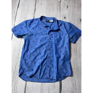 Disney Mickey Mouse Button Down Shirt Mens M Blue Palm Tree Tropical Chambray